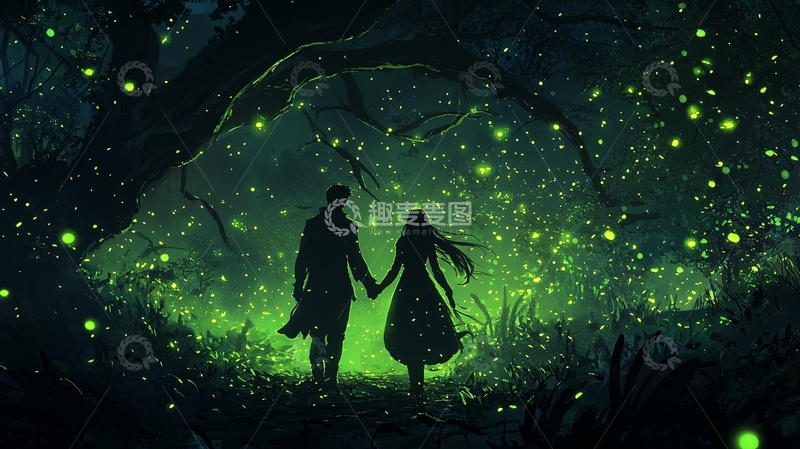 高清大图下载【趣麦麦图】萤火虫森林中的浪漫情侣