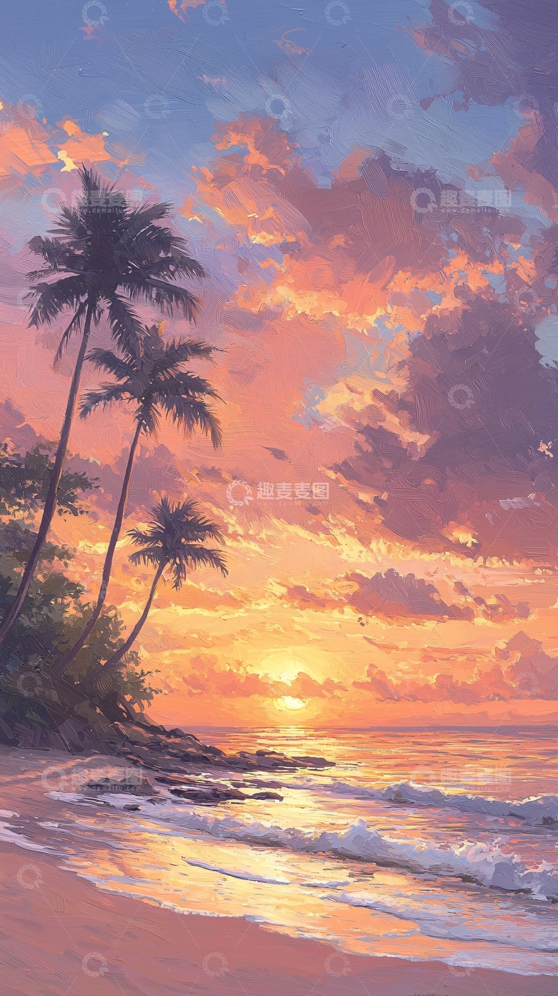 高清大图下载【趣麦麦图】日落海滩椰树风景