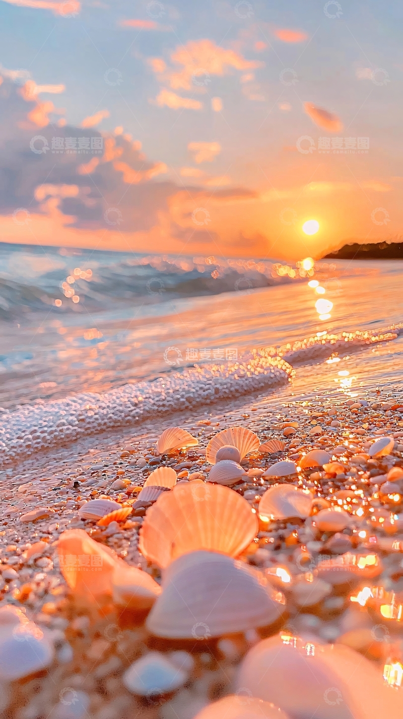 高清大图下载【趣麦麦图】夕阳海滩贝壳风景