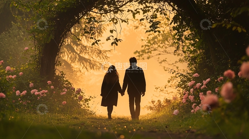 高清大图下载【趣麦麦图】夕阳下的情侣手牵手漫步