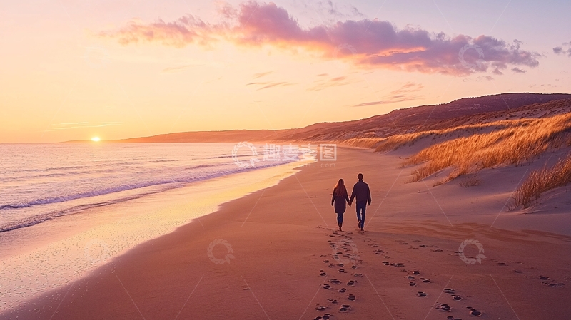 高清大图下载【趣麦麦图】夕阳下的海滩情侣漫步