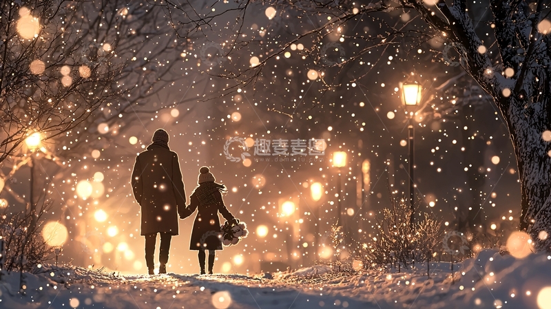 高清大图下载【趣麦麦图】冬夜手牵手的温馨场景