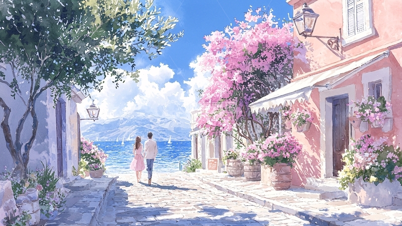 高清大图下载【趣麦麦图】浪漫海边小镇散步