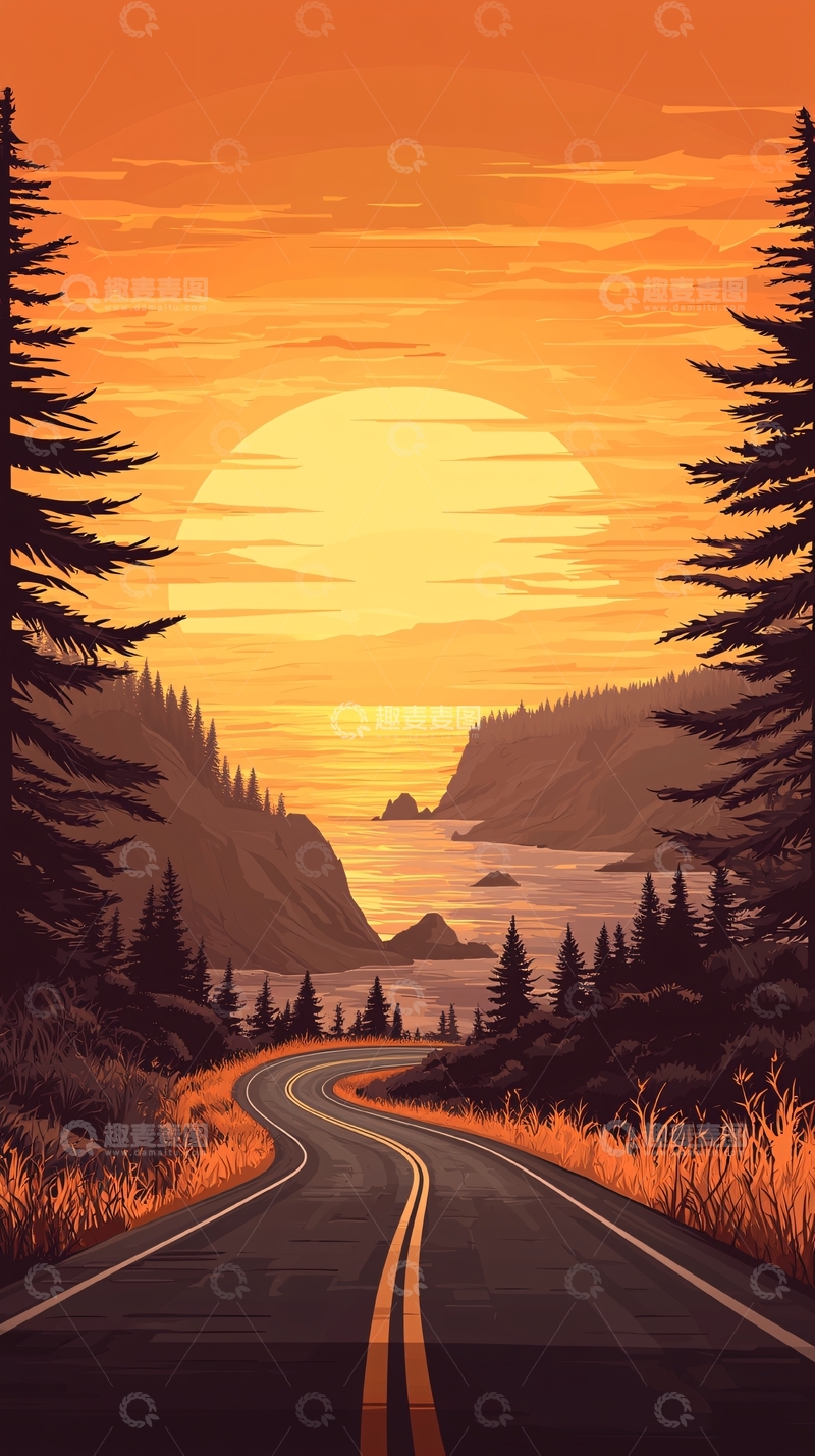 高清大图下载【趣麦麦图】夕阳下的海边公路