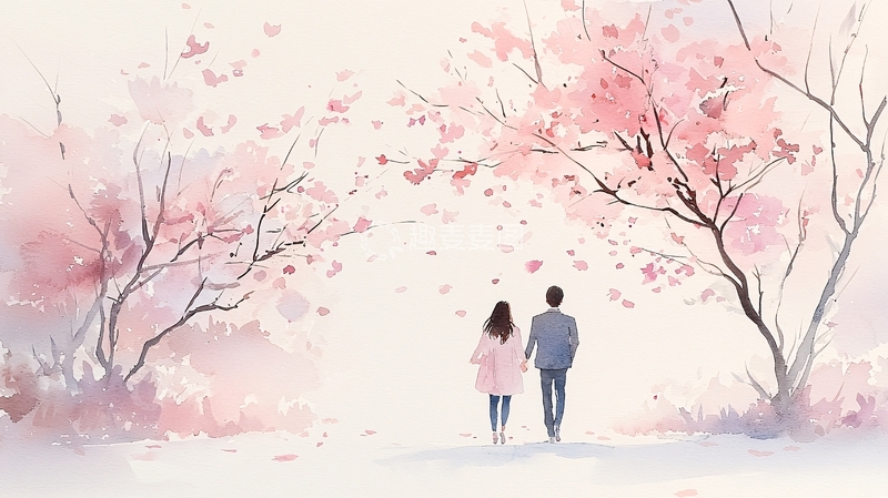 高清大图下载【趣麦麦图】樱花树下牵手漫步