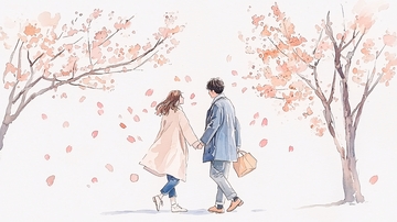 樱花树下牵手散步情侣