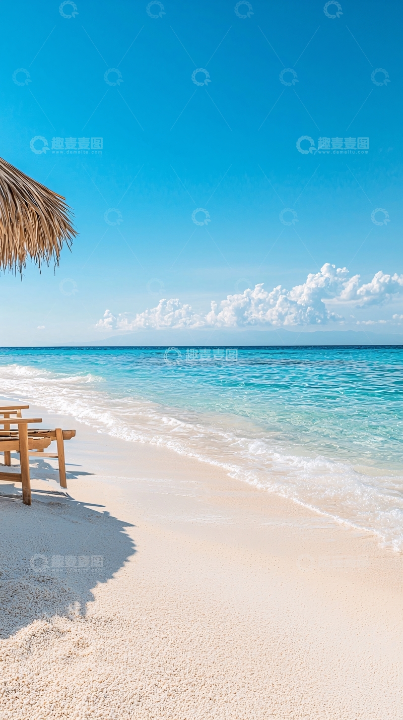 高清大图下载【趣麦麦图】海滩上的蓝天白云和海浪