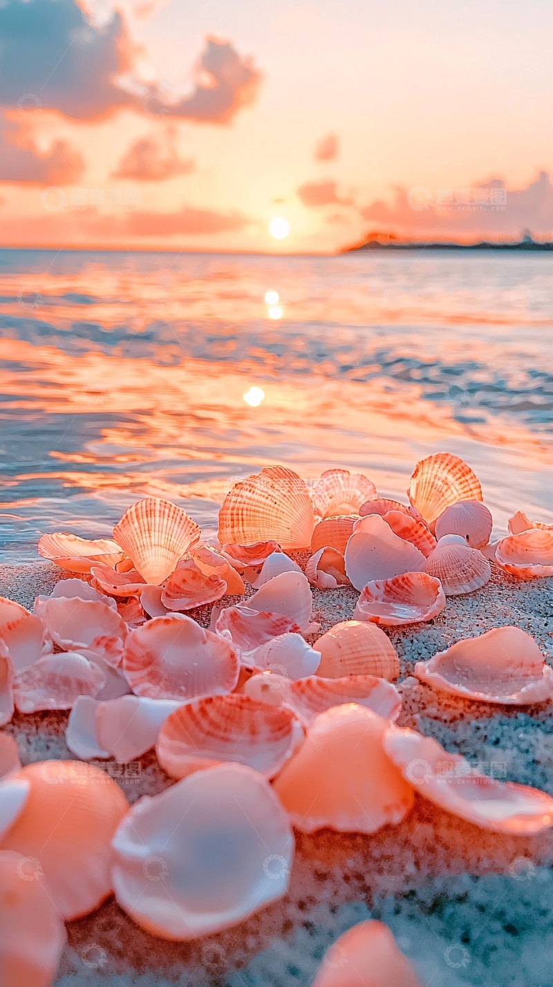 高清大图下载【趣麦麦图】夕阳下的贝壳海滩