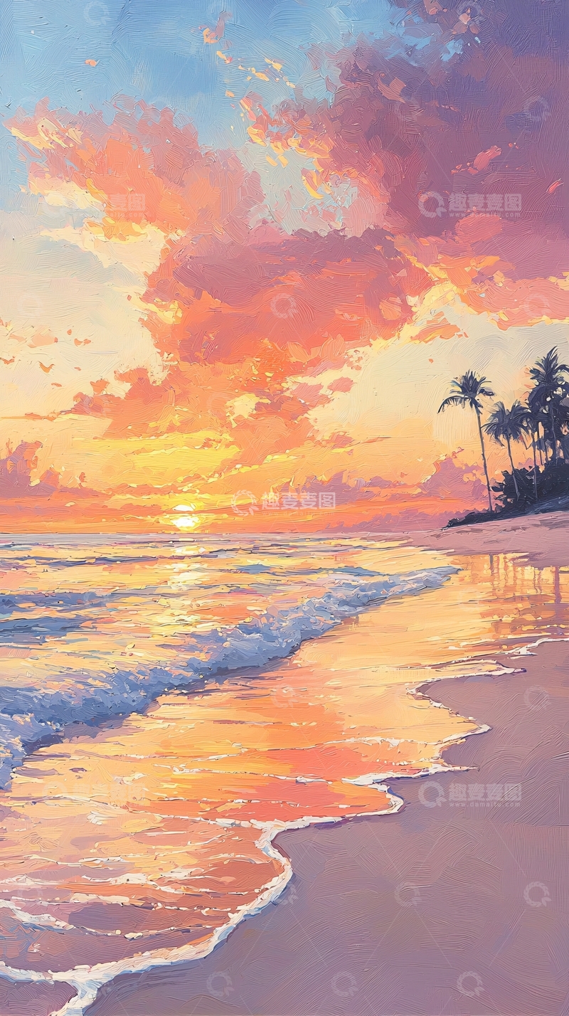 高清大图下载【趣麦麦图】日落海滩油画风景