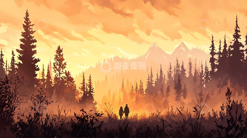 高清大图下载【趣麦麦图】秋日森林中的剪影情侣
