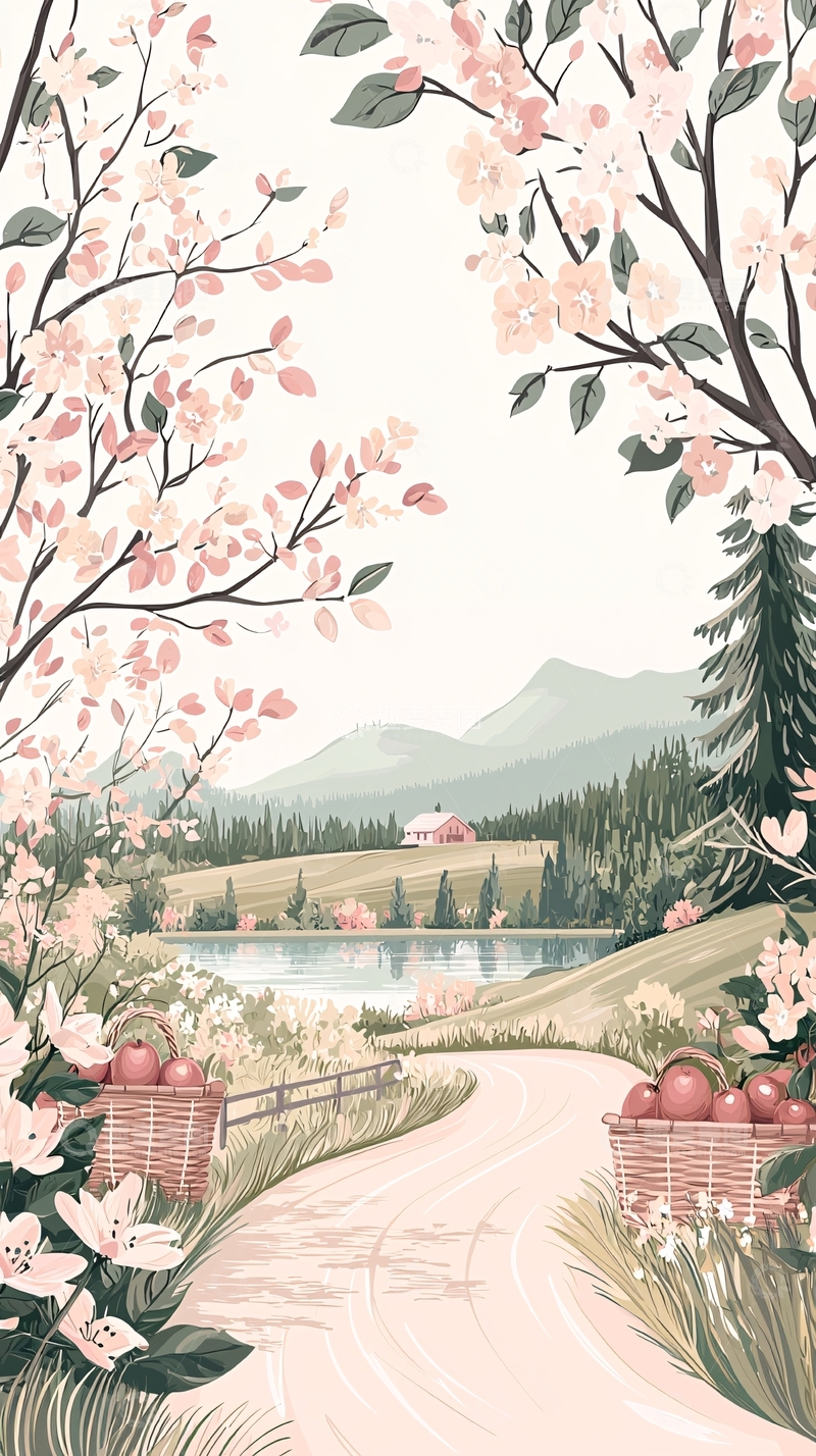 高清大图下载【趣麦麦图】春天田园风光插画
