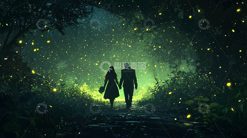 高清大图下载【趣麦麦图】萤火虫森林中的浪漫情侣