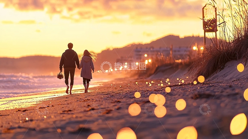 高清大图下载【趣麦麦图】黄昏海滩情侣漫步
