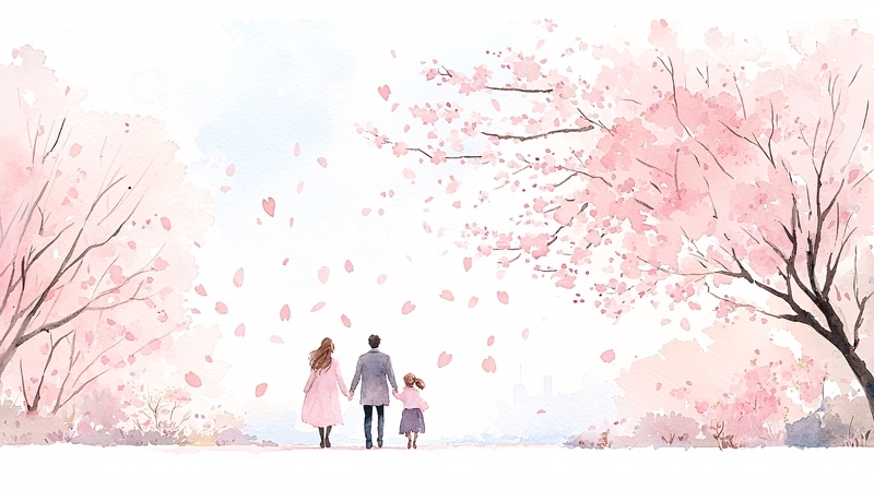 高清大图下载【趣麦麦图】樱花树下一家人散步