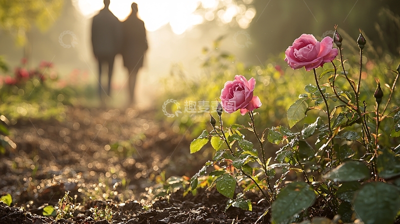 高清大图下载【趣麦麦图】晨光中的玫瑰与散步情侣