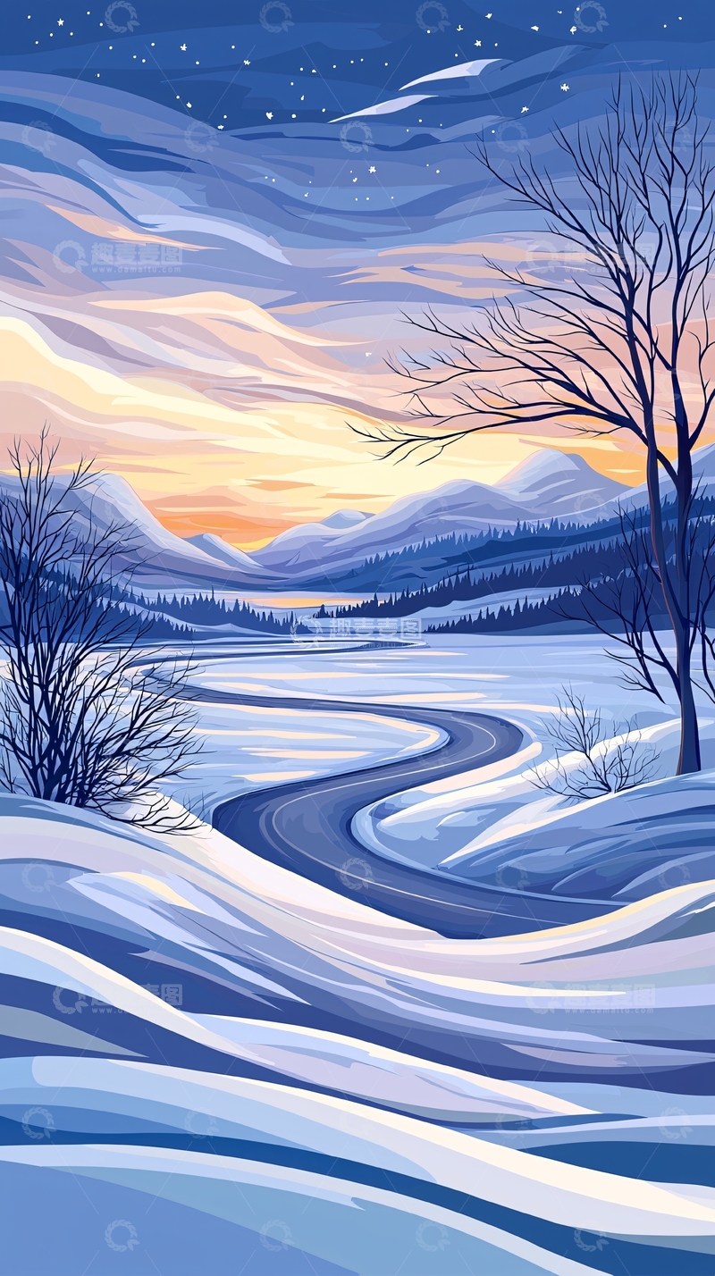 高清大图下载【趣麦麦图】冬夜雪景蜿蜒小路