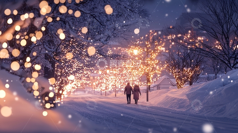 高清大图下载【趣麦麦图】冬夜雪景情侣手牵手