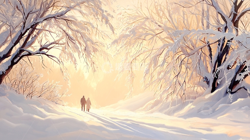 高清大图下载【趣麦麦图】冬日雪景中牵手漫步