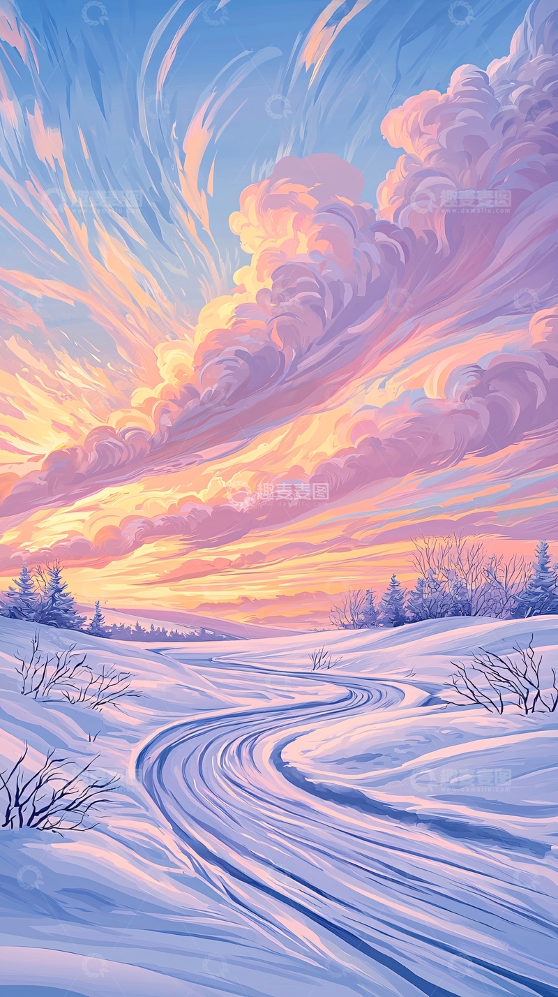 高清大图下载【趣麦麦图】冬日雪景夕阳云彩