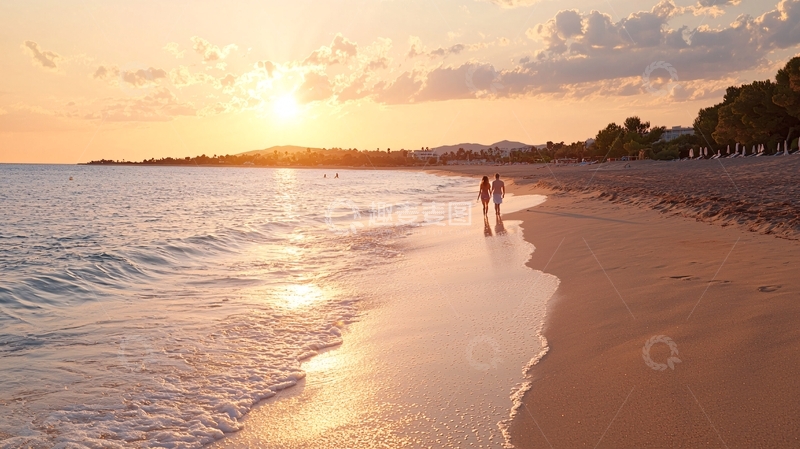高清大图下载【趣麦麦图】夕阳下的海滩漫步情侣