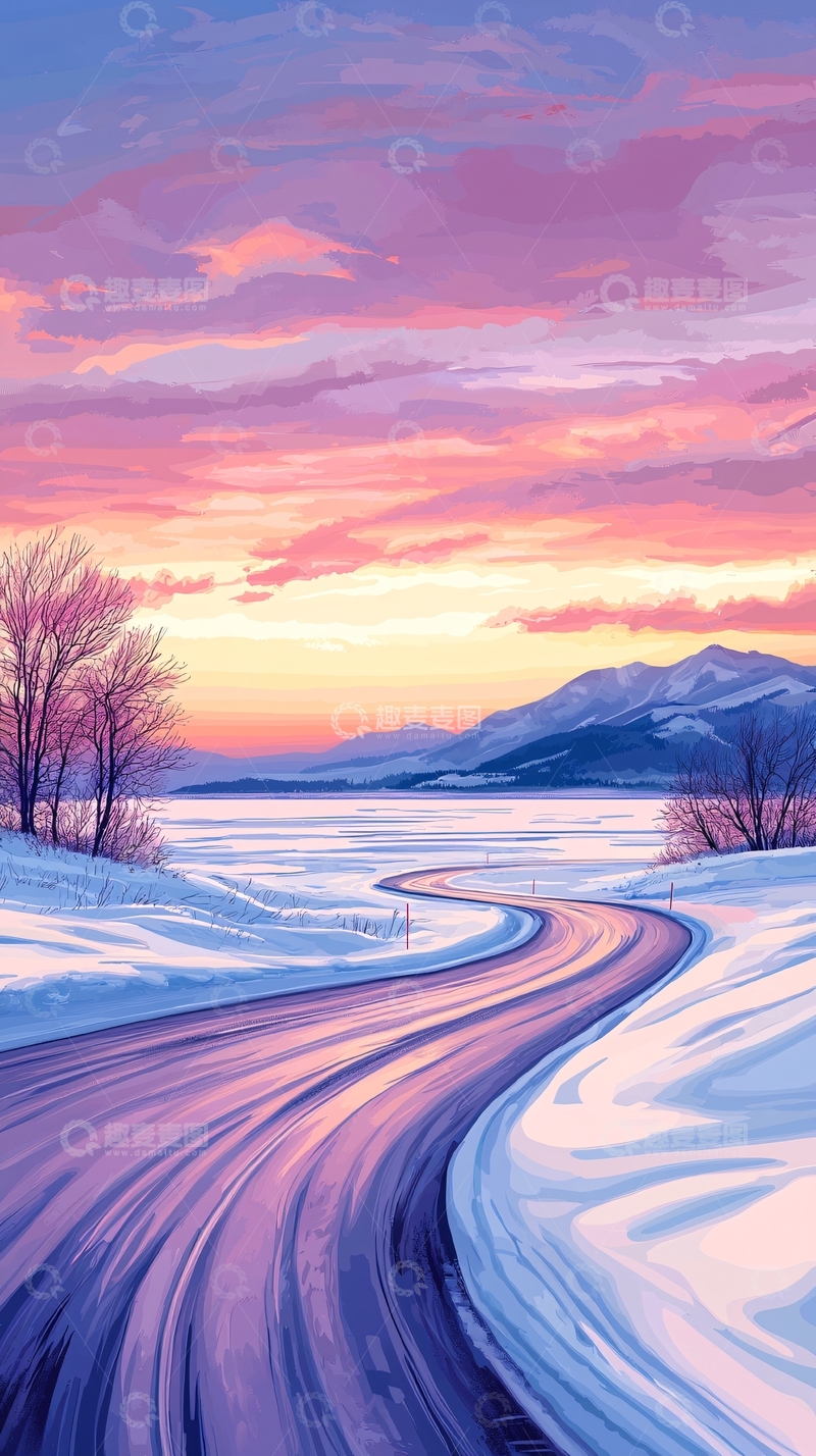 高清大图下载【趣麦麦图】冬日雪景蜿蜒山路