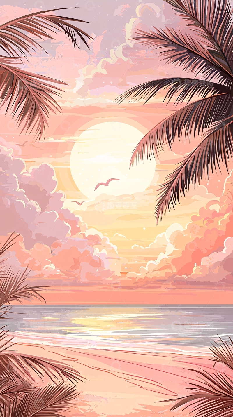 高清大图下载【趣麦麦图】粉色海滩日落风景插画