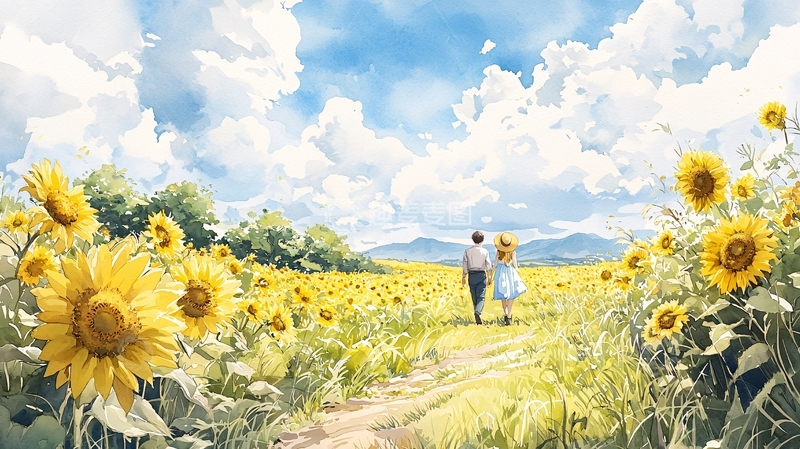 高清大图下载【趣麦麦图】向日葵田野中的情侣