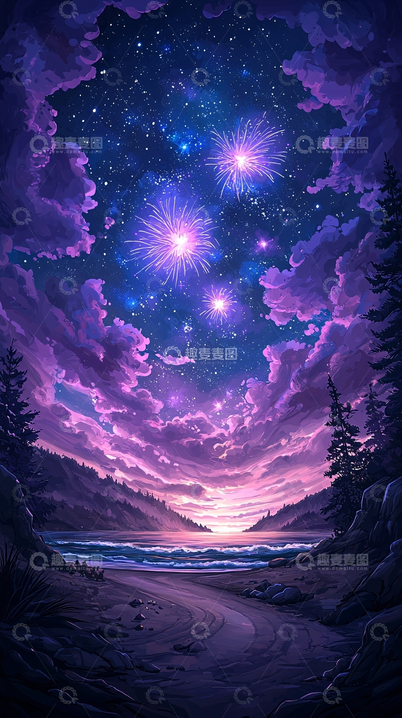 高清大图下载【趣麦麦图】梦幻海滩烟花夜景