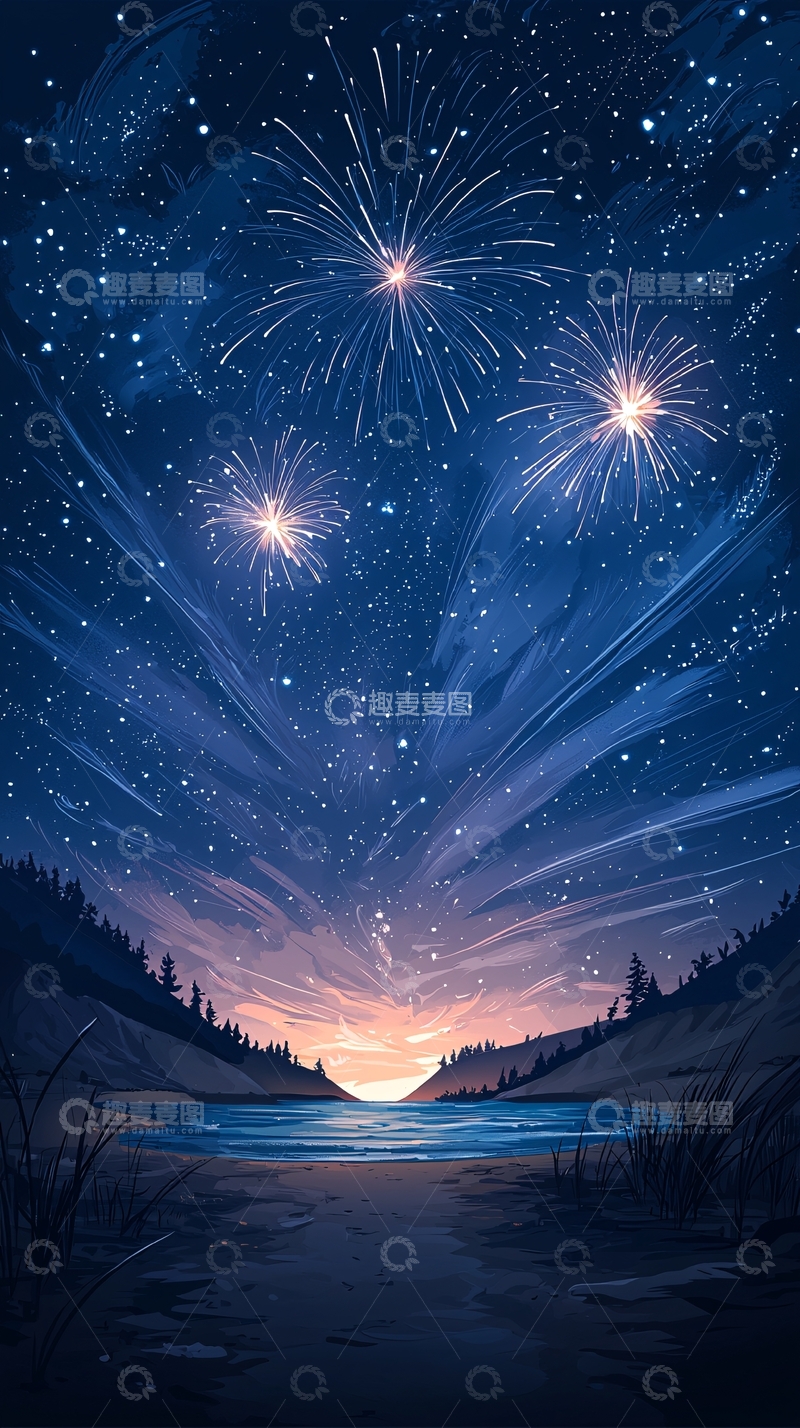 高清大图下载【趣麦麦图】夜空烟花湖畔风景