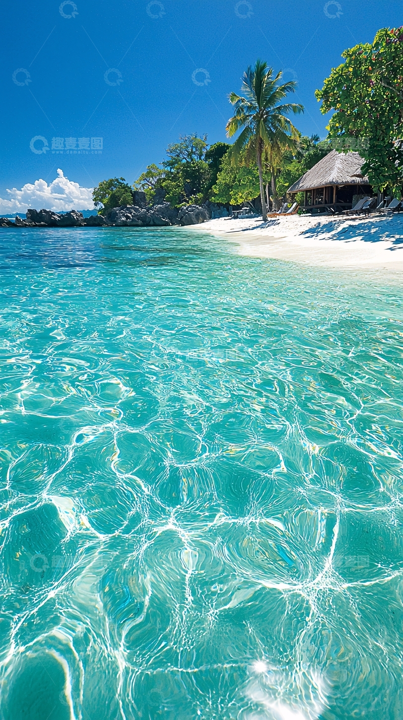高清大图下载【趣麦麦图】清澈海滩上的阳光与棕榈树