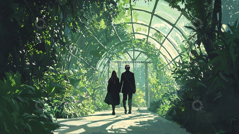 高清大图下载【趣麦麦图】情侣手牵手走在温室走廊