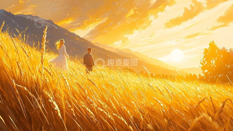 高清大图下载【趣麦麦图】夕阳下的田野漫步