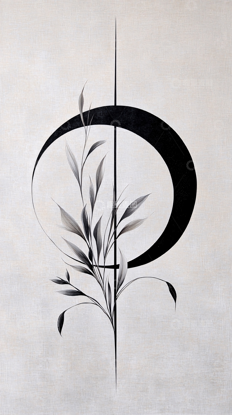 高清大图下载【趣麦麦图】黑白植物与圆环艺术插画