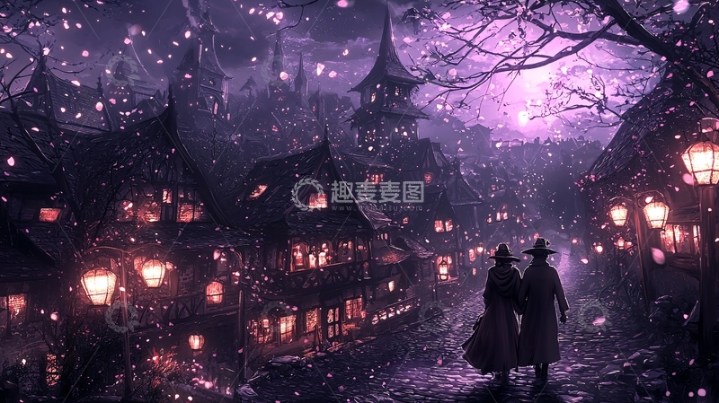 高清大图下载【趣麦麦图】紫色夜景下的浪漫小镇