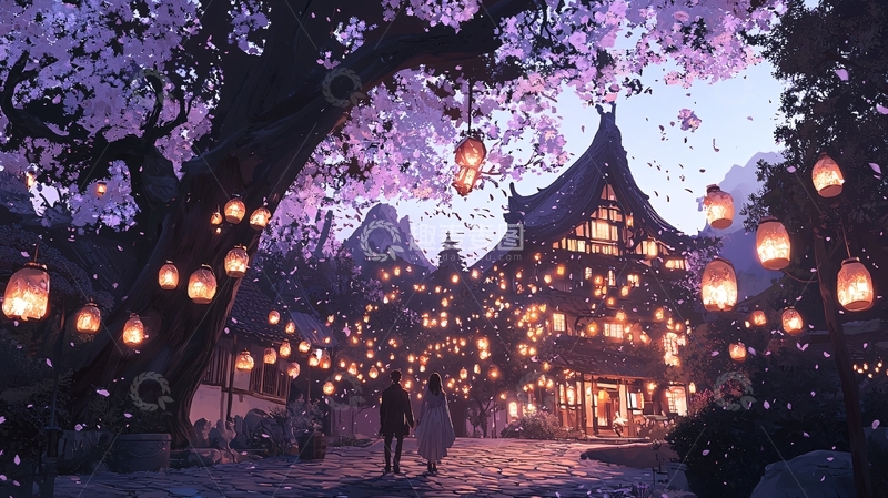 高清大图下载【趣麦麦图】樱花树下的古村落夜景