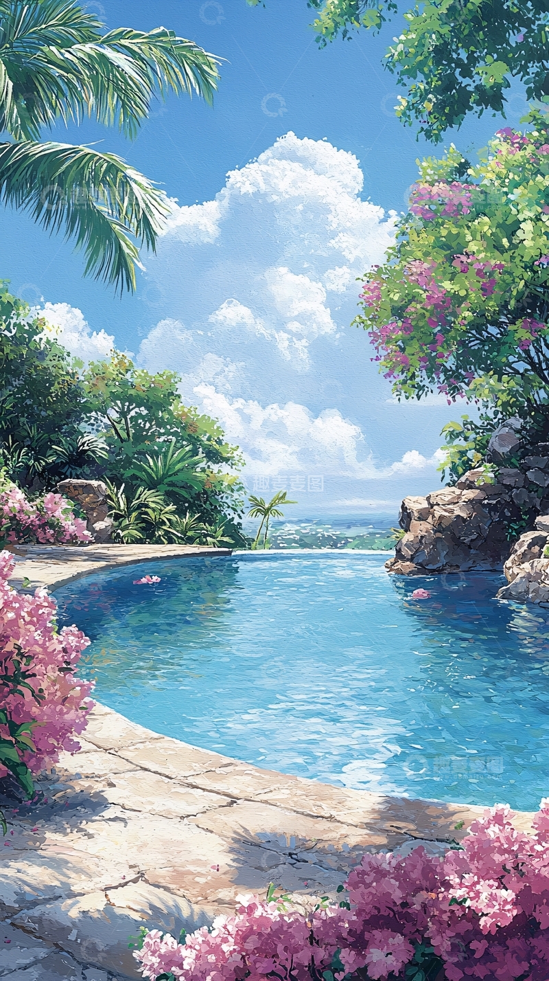 高清大图下载【趣麦麦图】热带泳池风景画