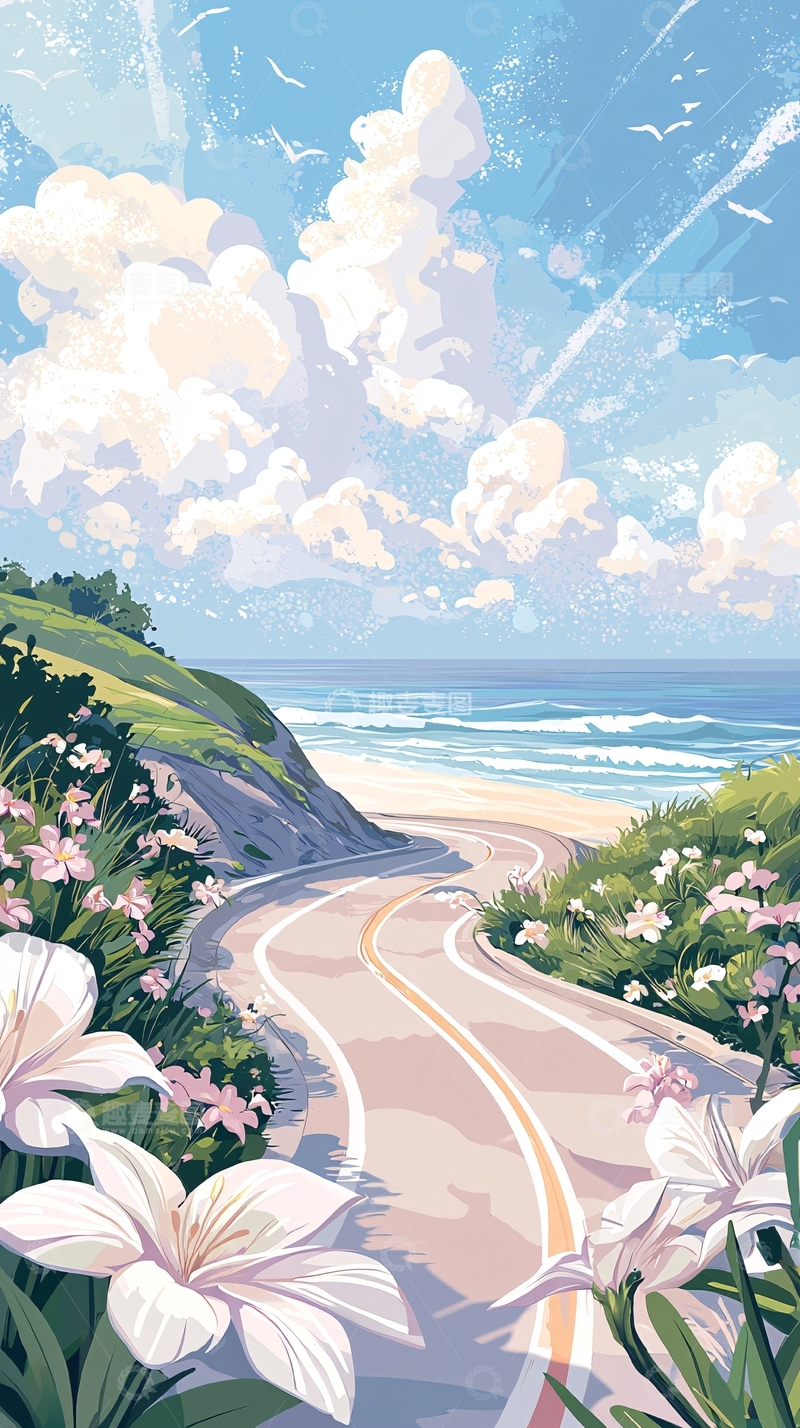 高清大图下载【趣麦麦图】海边小路与野花