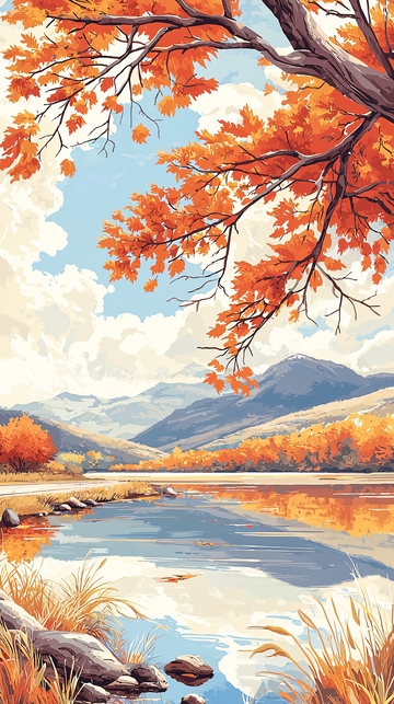 秋日山间湖畔风景