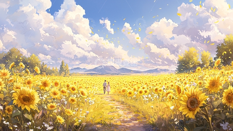 高清大图下载【趣麦麦图】向日葵田野中的爱情故事
