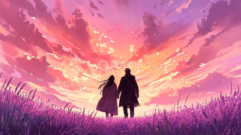 高清大图下载【趣麦麦图】情侣手牵手在薰衣草田上看日落