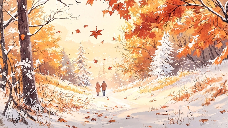 高清大图下载【趣麦麦图】秋日雪景中漫步的情侣