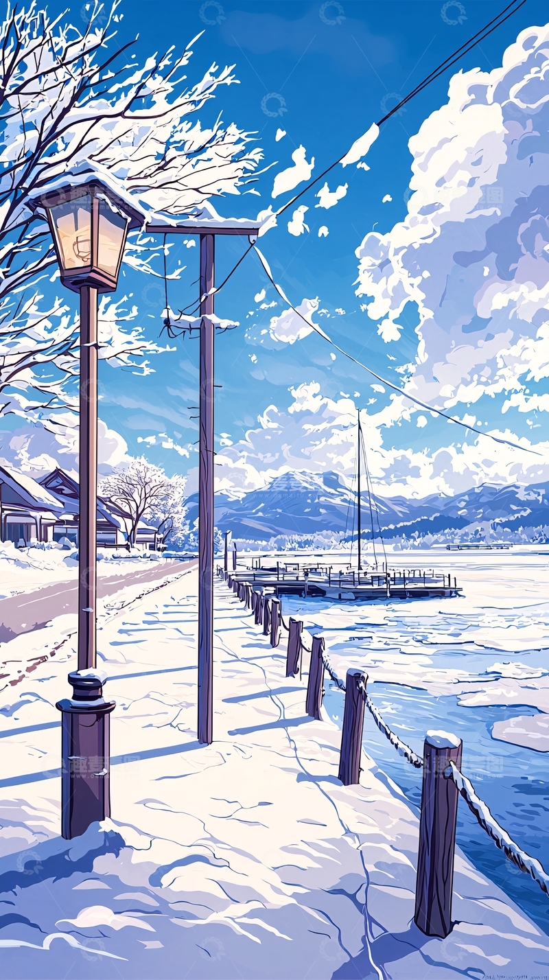 高清大图下载【趣麦麦图】冬日雪景码头灯塔