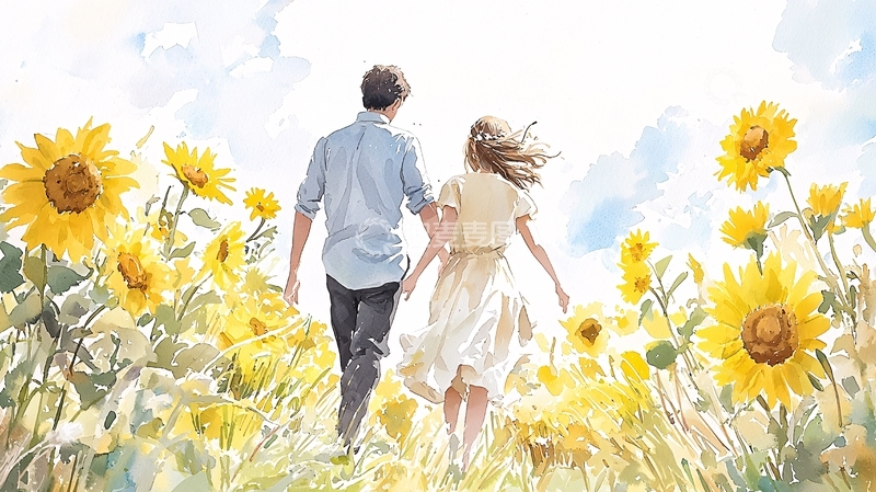 高清大图下载【趣麦麦图】情侣手牵手在向日葵田中漫步