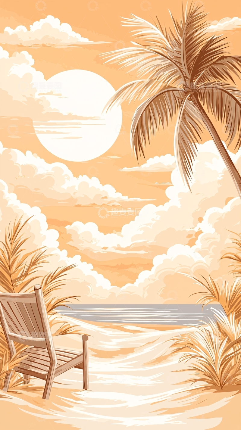 高清大图下载【趣麦麦图】海滩日落棕榈树椅子风景