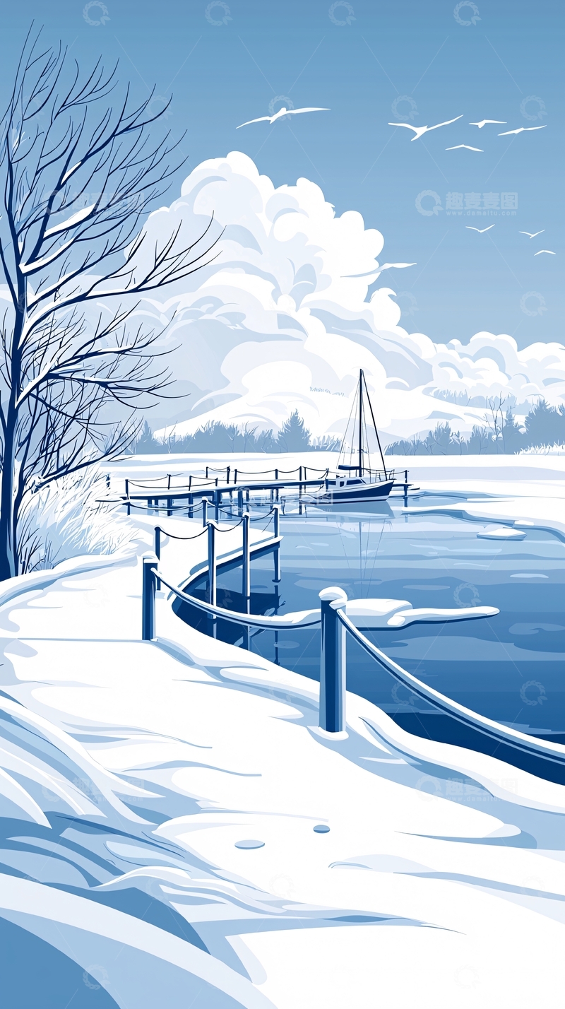 高清大图下载【趣麦麦图】冬日湖畔雪景