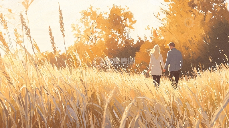 高清大图下载【趣麦麦图】秋日田野牵手漫步