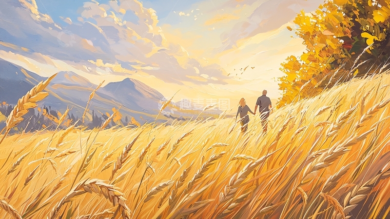高清大图下载【趣麦麦图】金色麦田中的浪漫散步