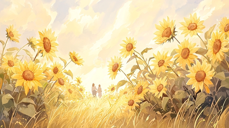 高清大图下载【趣麦麦图】向日葵田野中的情侣