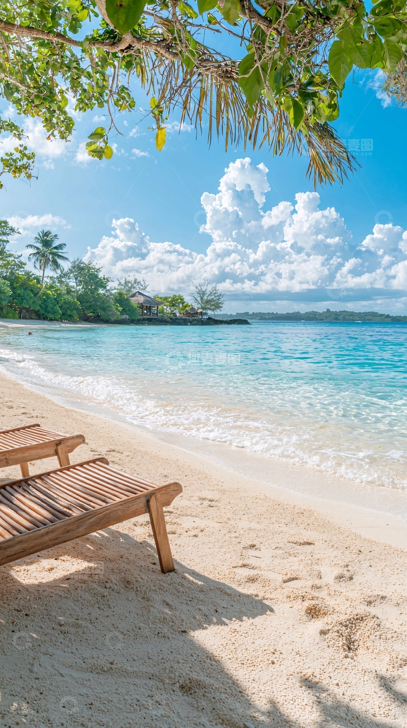 高清大图下载【趣麦麦图】热带海滩躺椅和清澈海水