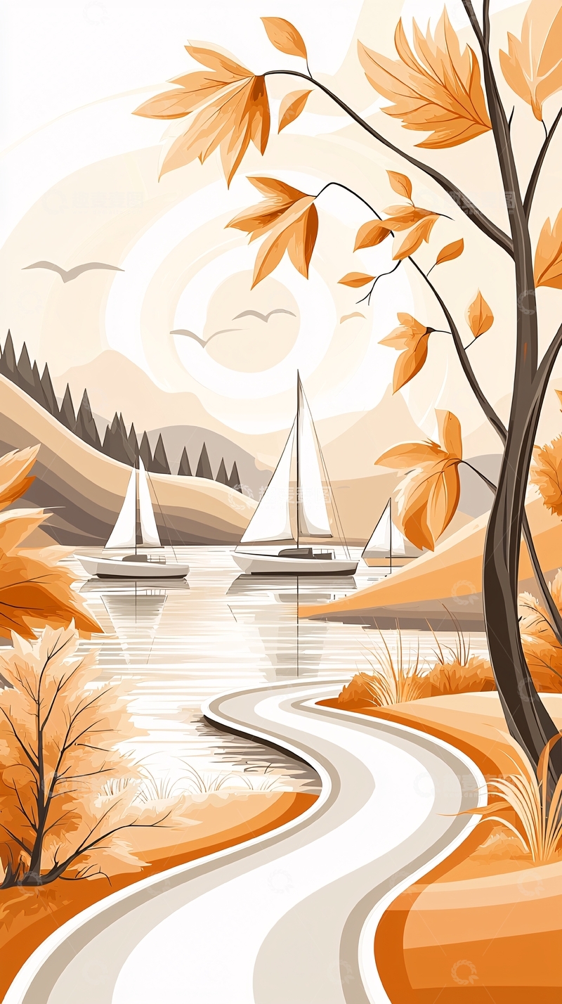 高清大图下载【趣麦麦图】秋日湖畔帆船风景图